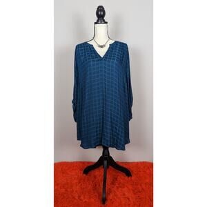 NWT Worthington Texas Teal Grid Split Crewneck 3/4 Sleeve Blouse Top 2X